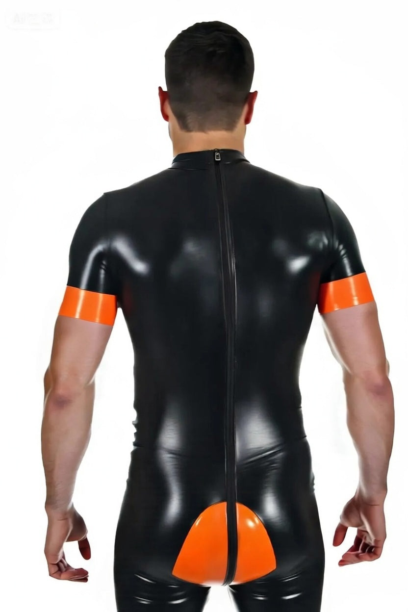 Joyglove Men’s Black & Orange PU Leather Bodysuit Shorts with Paw Prin