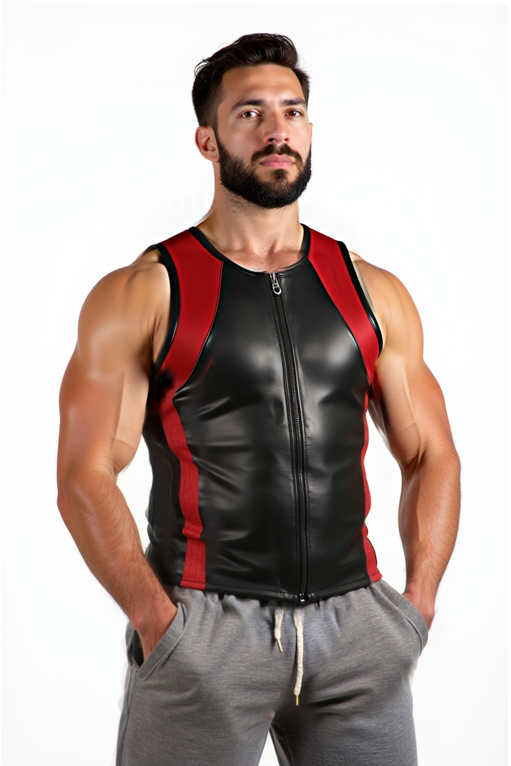 Joyglove Men's Black Faux Leather Tank Top with Red Accents and Zipper【Four colors】