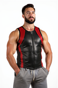 Joyglove Men's Black Faux Leather Tank Top with Red Accents and Zipper【Four colors】