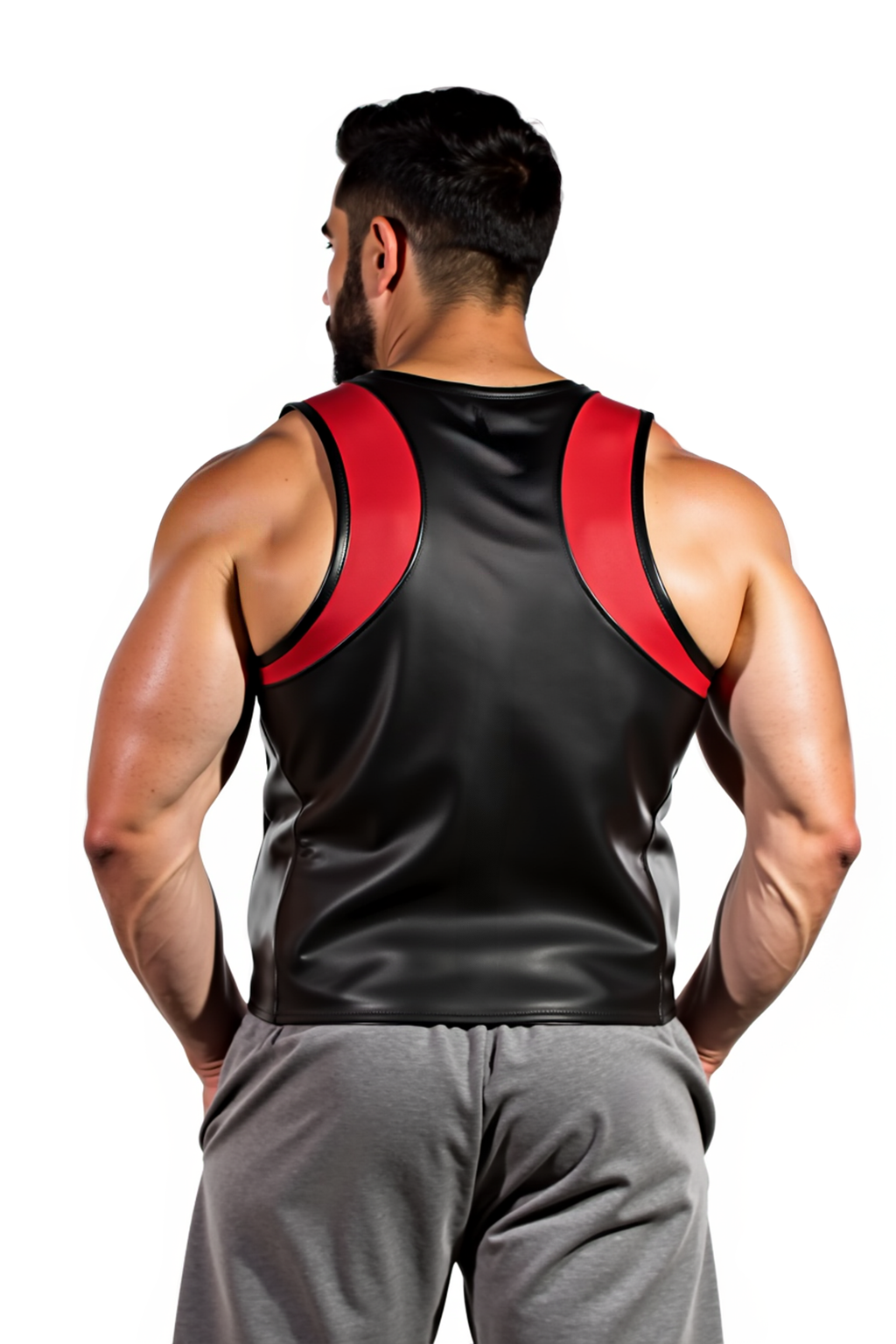 Joyglove Men's Black Faux Leather Tank Top with Red Accents and Zipper【Four colors】