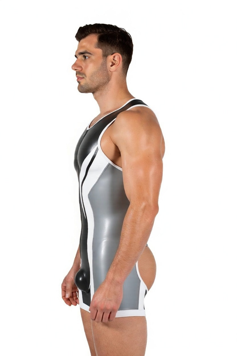 Joyglove Men’s PU Leather Open Back Bodysuit – Sleeveless Zipper Desig