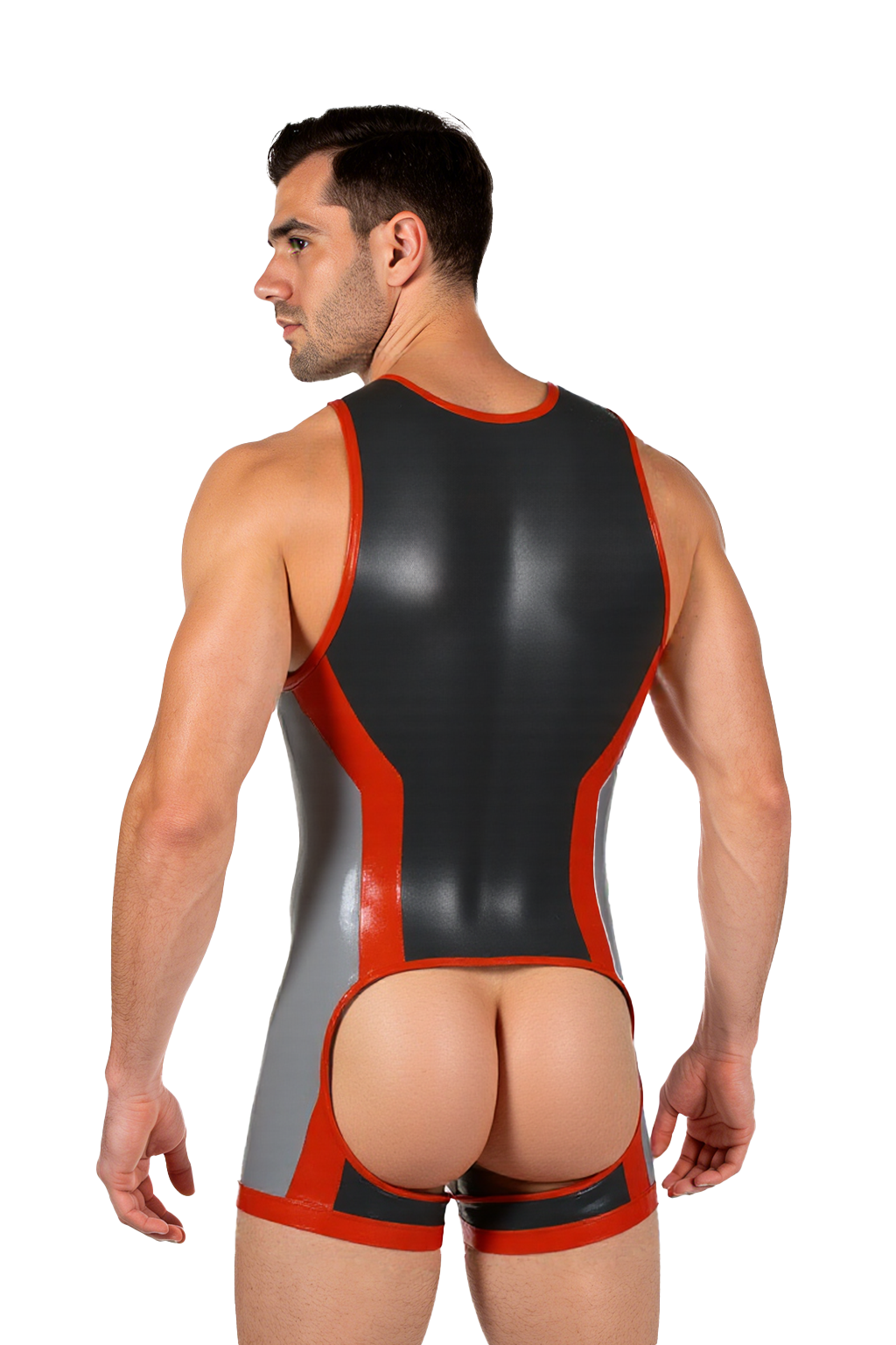 Joyglove Men’s PU Leather Open Back Bodysuit – Sleeveless Zipper Desig