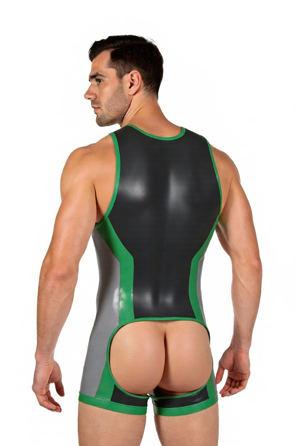 Joyglove Men’s PU Leather Open Back Bodysuit – Sleeveless Zipper Desig