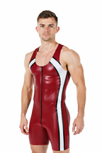 Joyglove PU Leather Bodysuit with Unique Back Cutout - Red and White