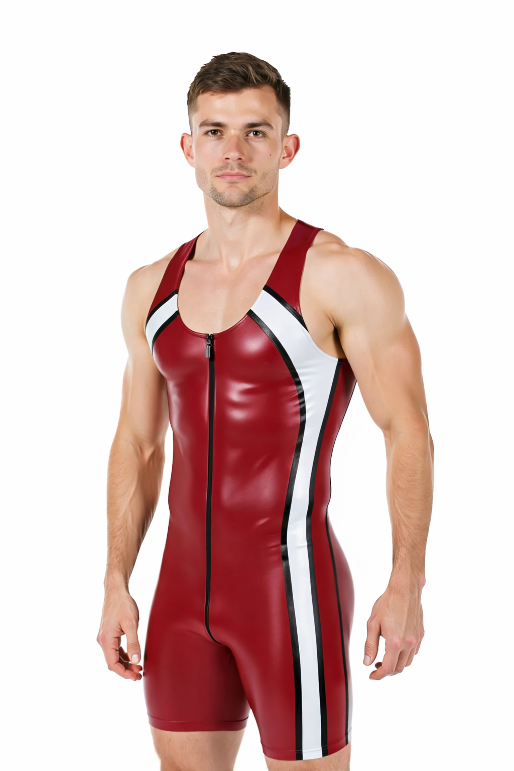 Joyglove PU Leather Bodysuit with Unique Back Cutout - Red and White