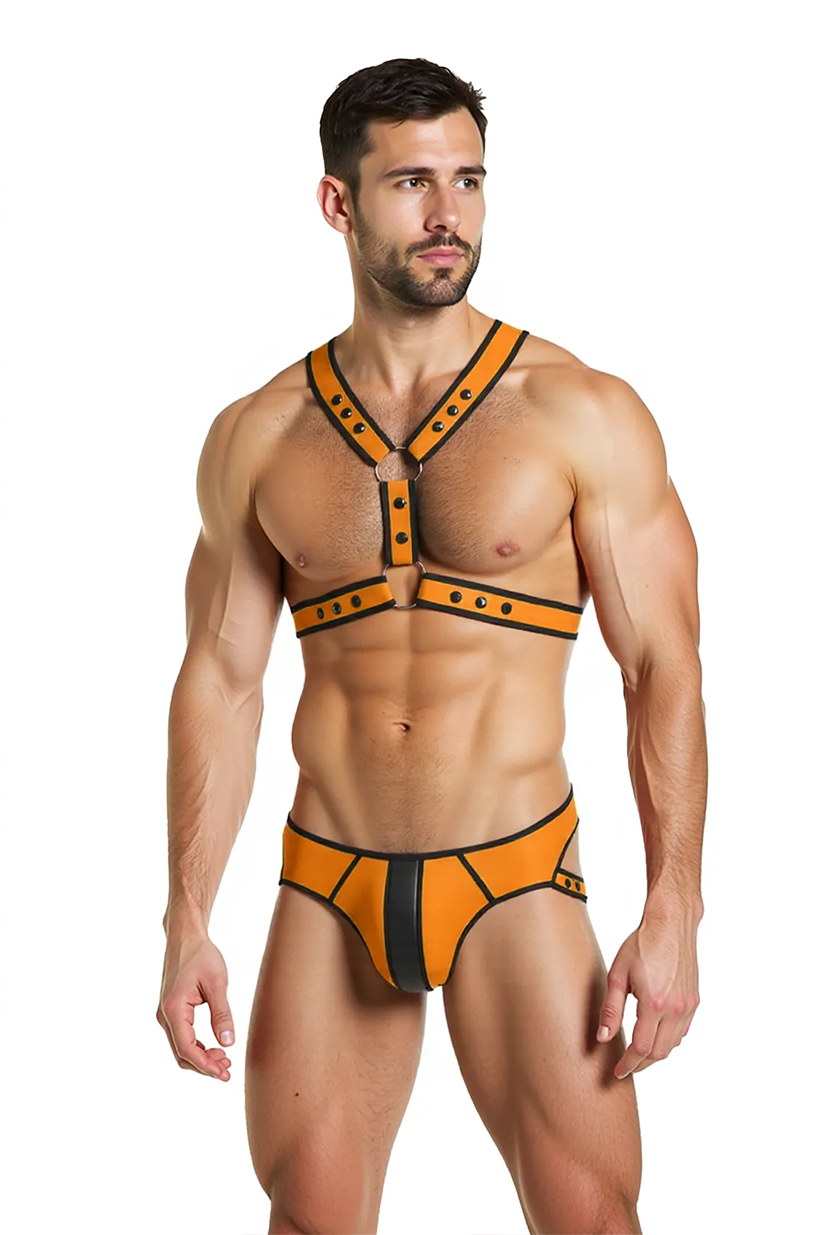 Joyglove Orange & Black Pu Leather Strapped Briefs Set