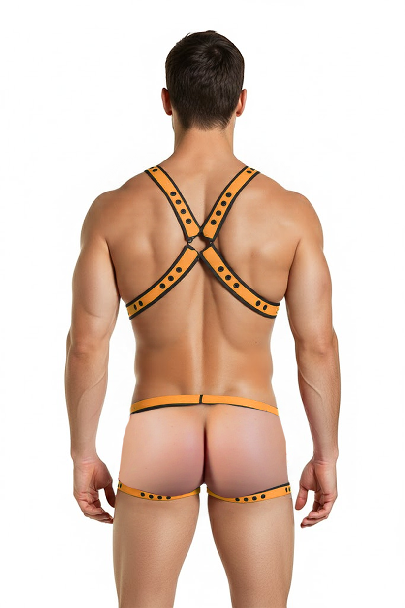 Joyglove Orange & Black Pu Leather Strapped Briefs Set