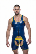 Joyglove Blue PU Leather Bodysuit with Yellow Accents and Rear Cutout