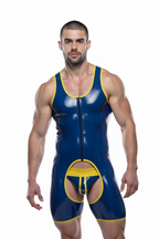 Joyglove Blue PU Leather Bodysuit with Yellow Accents and Rear Cutout