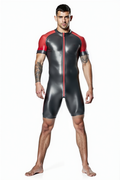 Joyglove Shiny Black & Red PU Leather Skin-Tight Romper – Full-Body Zip Jumpsuit