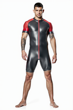 Joyglove Shiny Black & Red PU Leather Skin-Tight Romper – Full-Body Zip Jumpsuit
