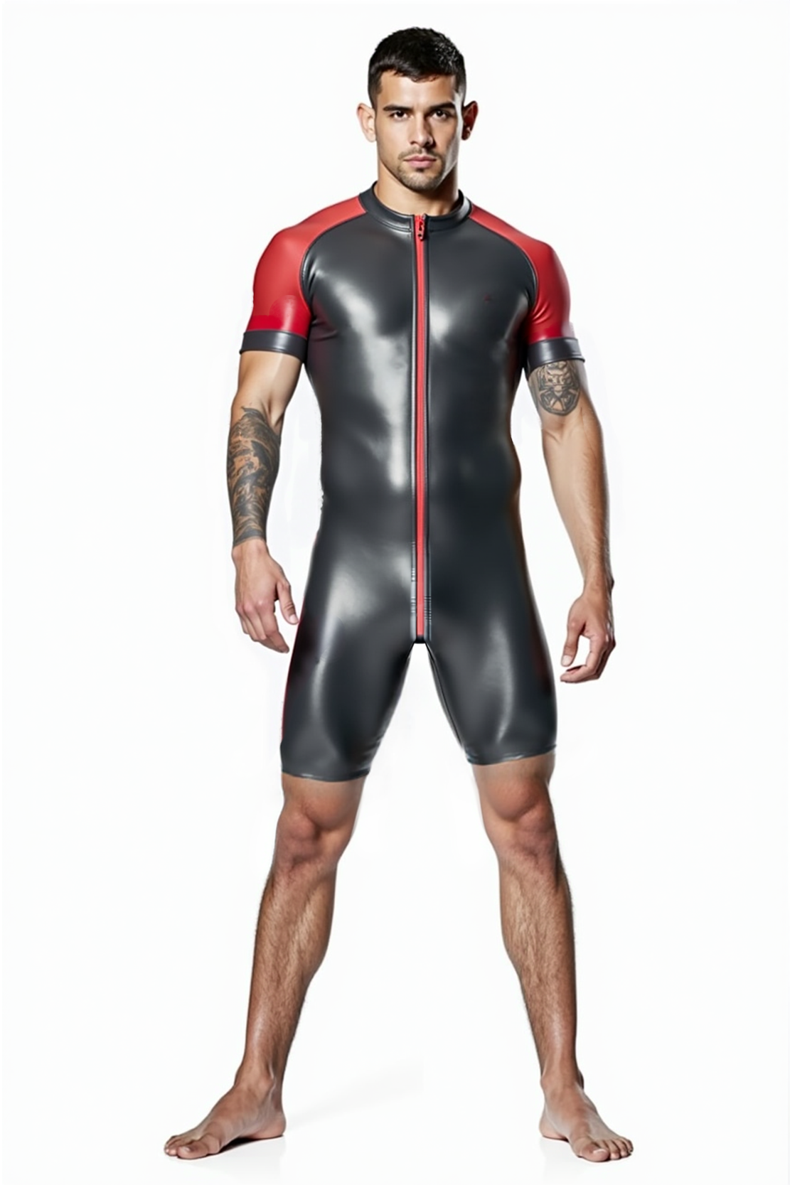 Joyglove Shiny Black & Red PU Leather Skin-Tight Romper – Full-Body Zip Jumpsuit