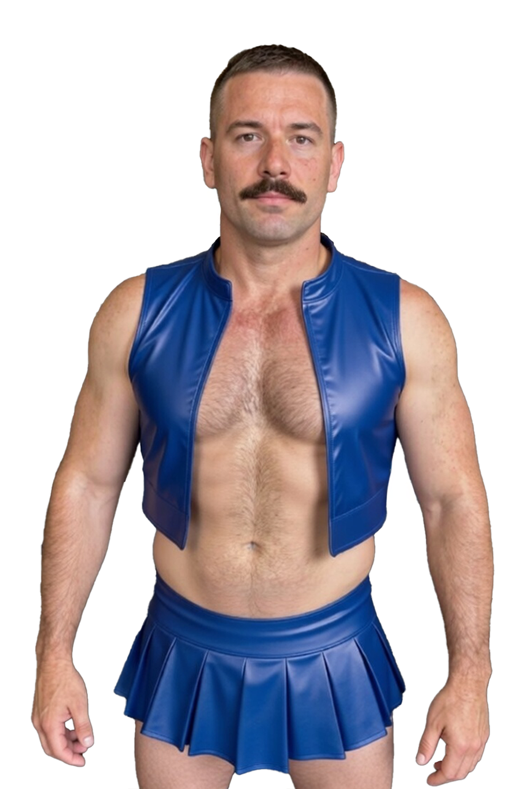 JOYLGBT Men’s Electric Blue PU Leather Hero Set – Cropped Vest & Pleated Mini Skirt	