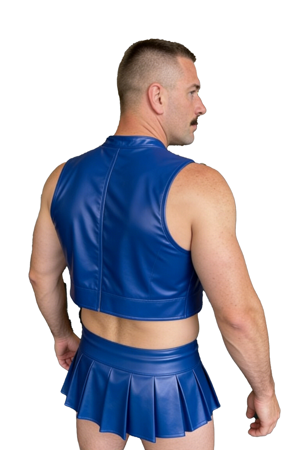 JOYLGBT Men’s Electric Blue PU Leather Hero Set – Cropped Vest & Pleated Mini Skirt	