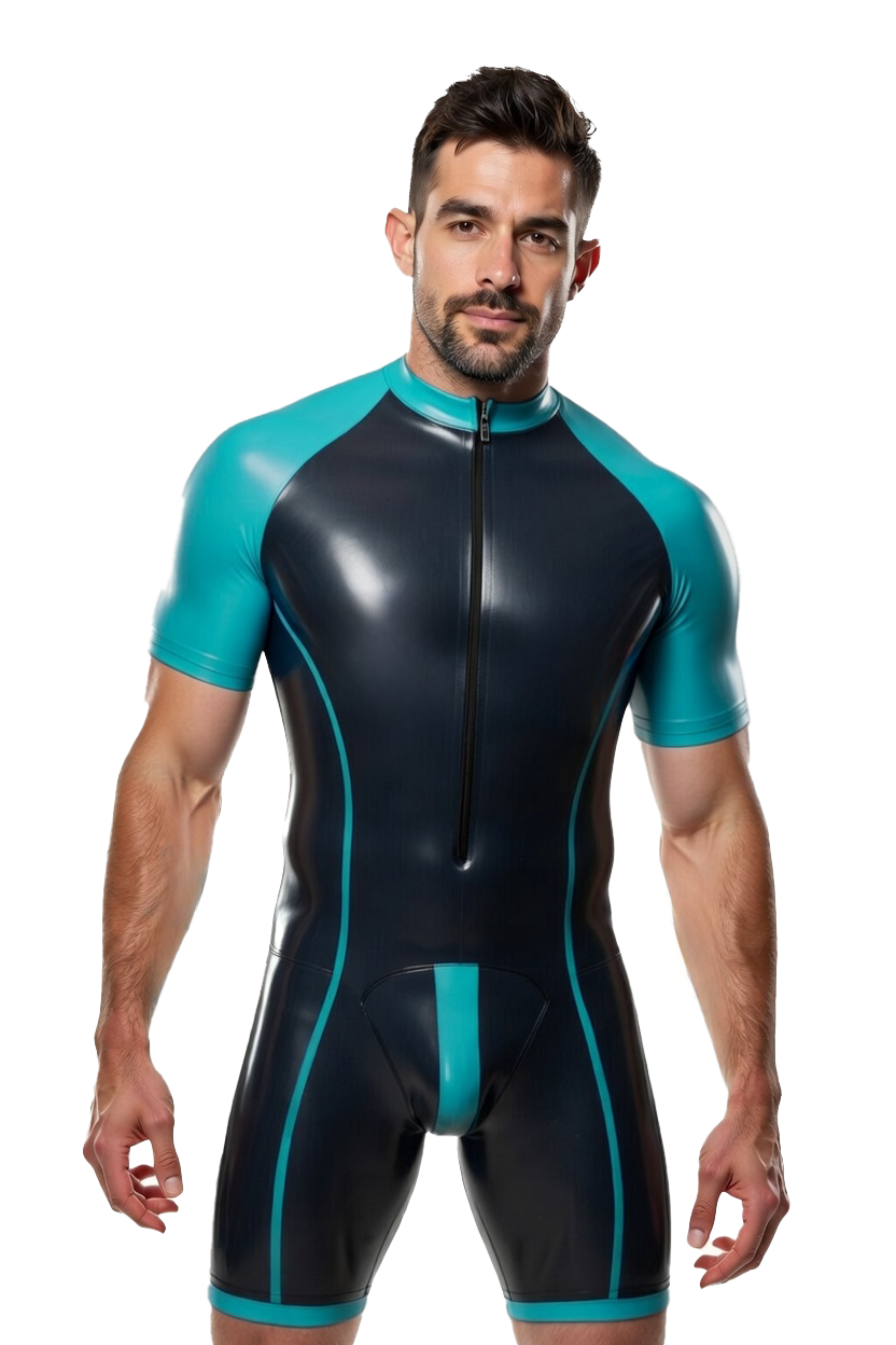 Joyglove Men’s PU Leather Zip-Front Short Bodysuit with Color Block Design
