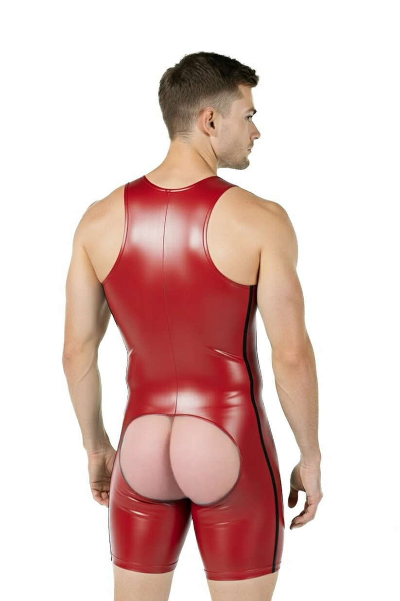 Joyglove PU Leather Bodysuit with Unique Back Cutout - Red and White
