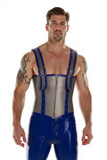 Men’s Blue & Silver Leather Jumpsuit – Corset-Style Harness Design with Adjustable Buckle Straps & Zipper Front