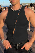 Casual Hollow Out Button Solid Color Tank Top