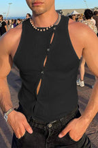 Casual Hollow Out Button Solid Color Tank Top