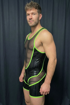 Joyglove Men’s "Circuit-Mesh" Dual-Zip Bodysuit – High-Shine Black & Neon Yellow
