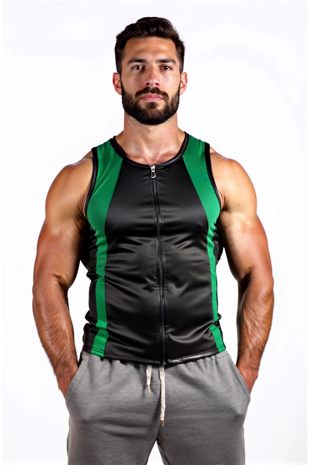 Joyglove Men's Black Faux Leather Tank Top with Red Accents and Zipper【Four colors】