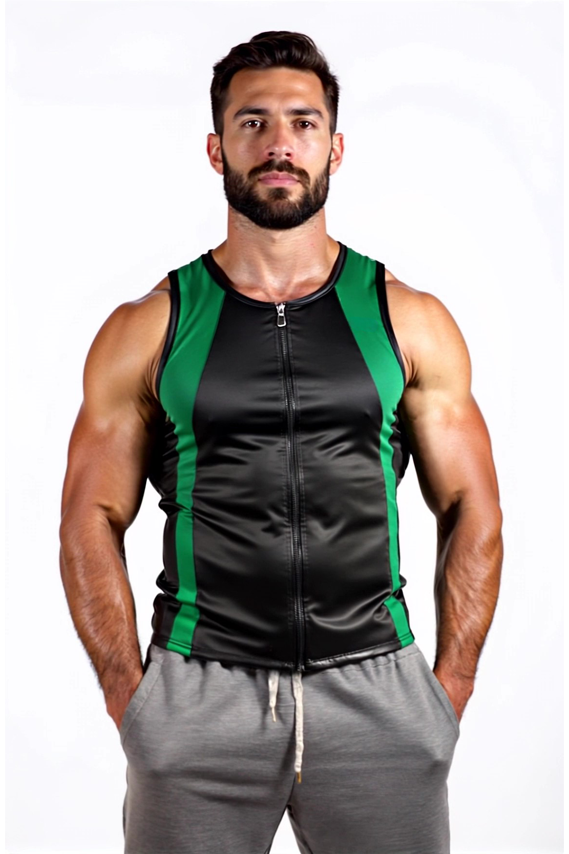Joyglove Men's Black Faux Leather Tank Top with Red Accents and Zipper【Four colors】