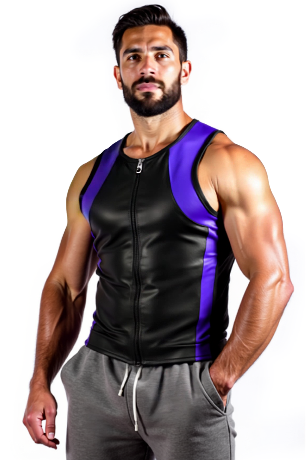 Joyglove Men's Black Faux Leather Tank Top with Red Accents and Zipper【Four colors】
