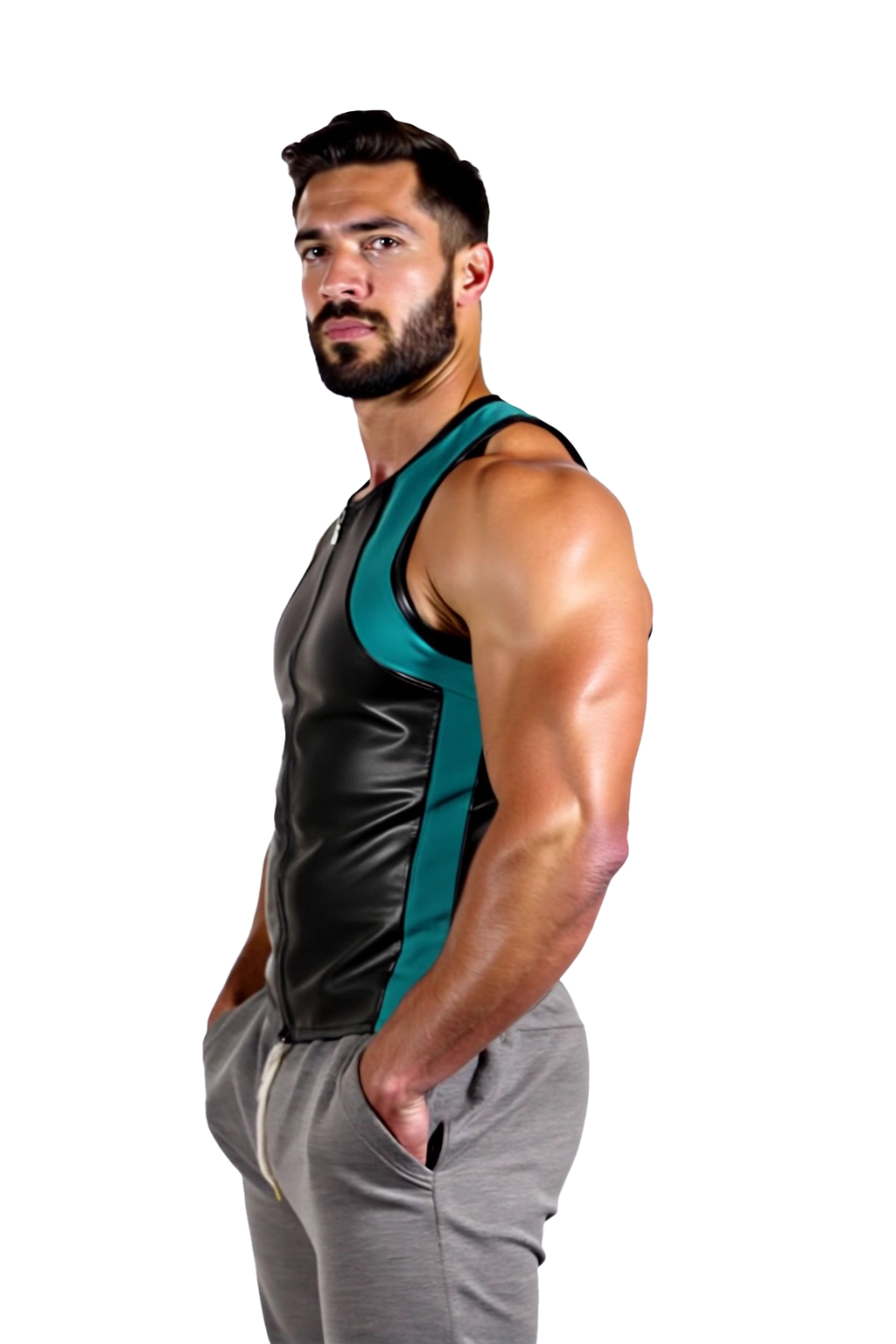 Joyglove Men's Black Faux Leather Tank Top with Red Accents and Zipper【Four colors】