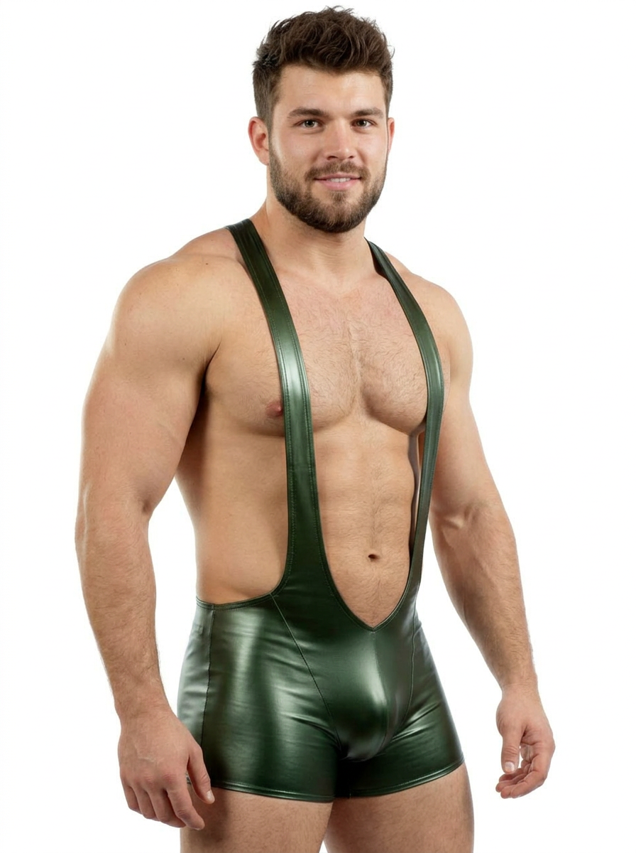 Joyglove Men's Green PU Leather Wrestling Singlet – Bold & Comfortable