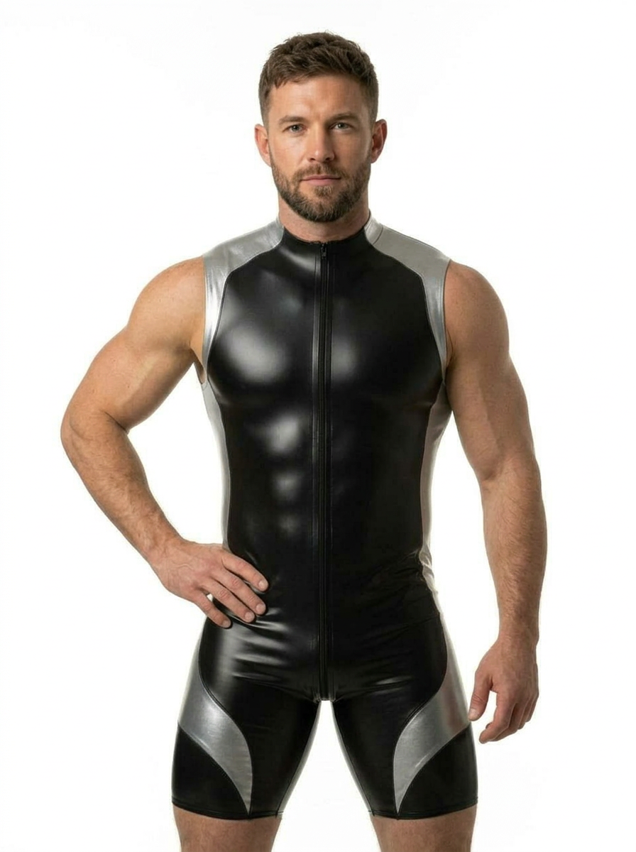 Joyglove Men's Black and Silver PU Leather Bodysuit with Zipper