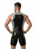 Joyglove Men's Black and Silver PU Leather Bodysuit with Zipper