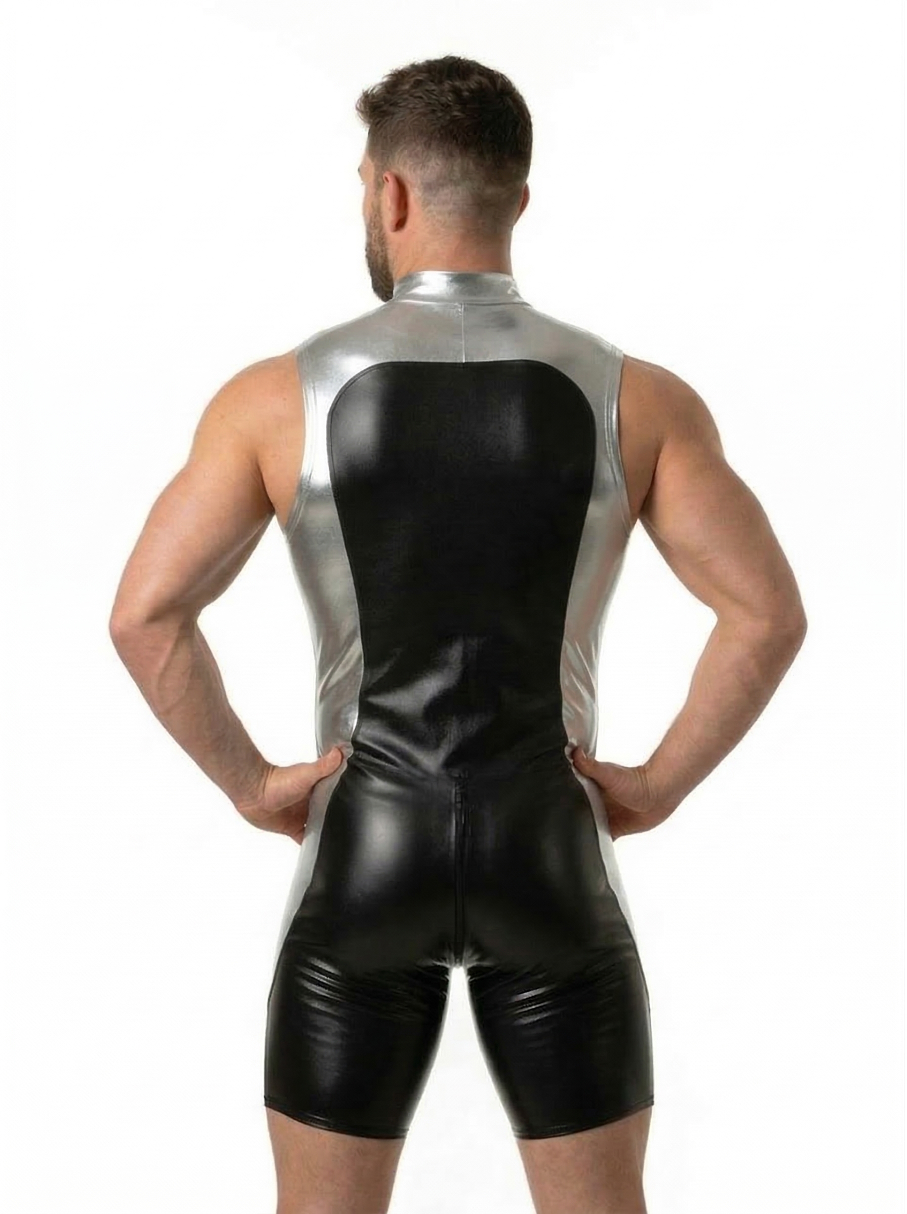 Joyglove Men's Black and Silver PU Leather Bodysuit with Zipper