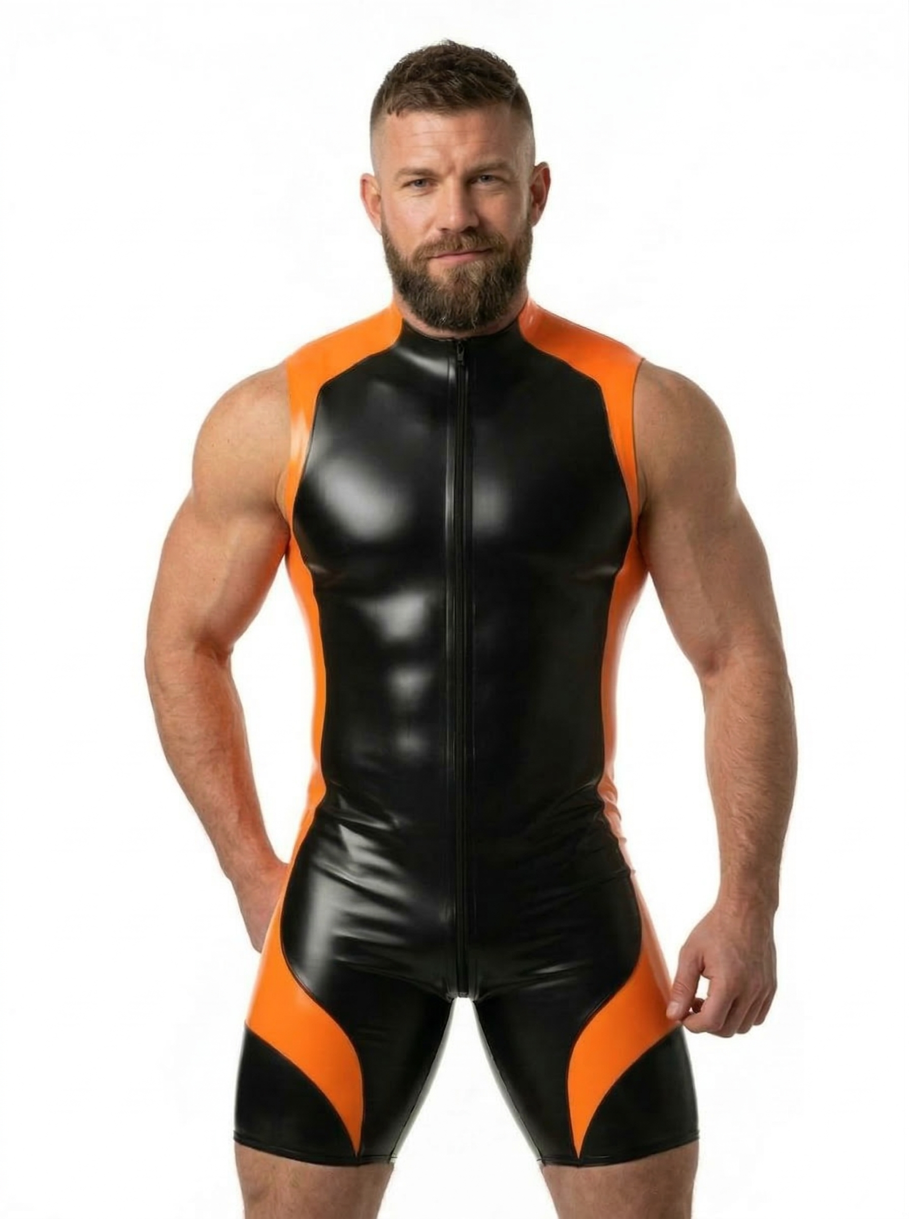 Joyglove Men's Black and Silver PU Leather Bodysuit with Zipper