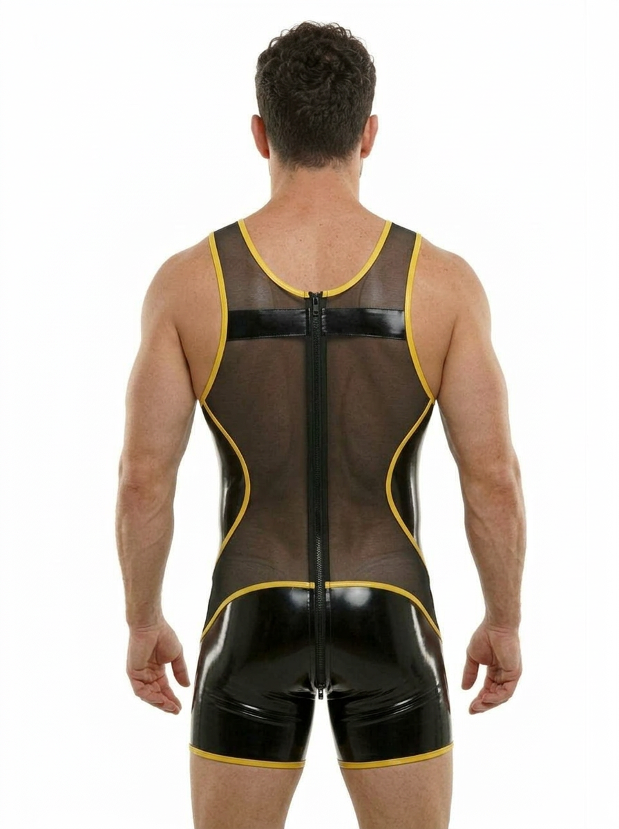 Joylgbt Men’s "Circuit-Mesh" Dual-Zip Bodysuit – High-Shine Black & Neon Yellow	