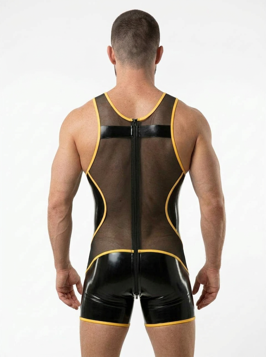 Joylgbt Men’s "Circuit-Mesh" Dual-Zip Bodysuit – High-Shine Black & Neon Yellow	