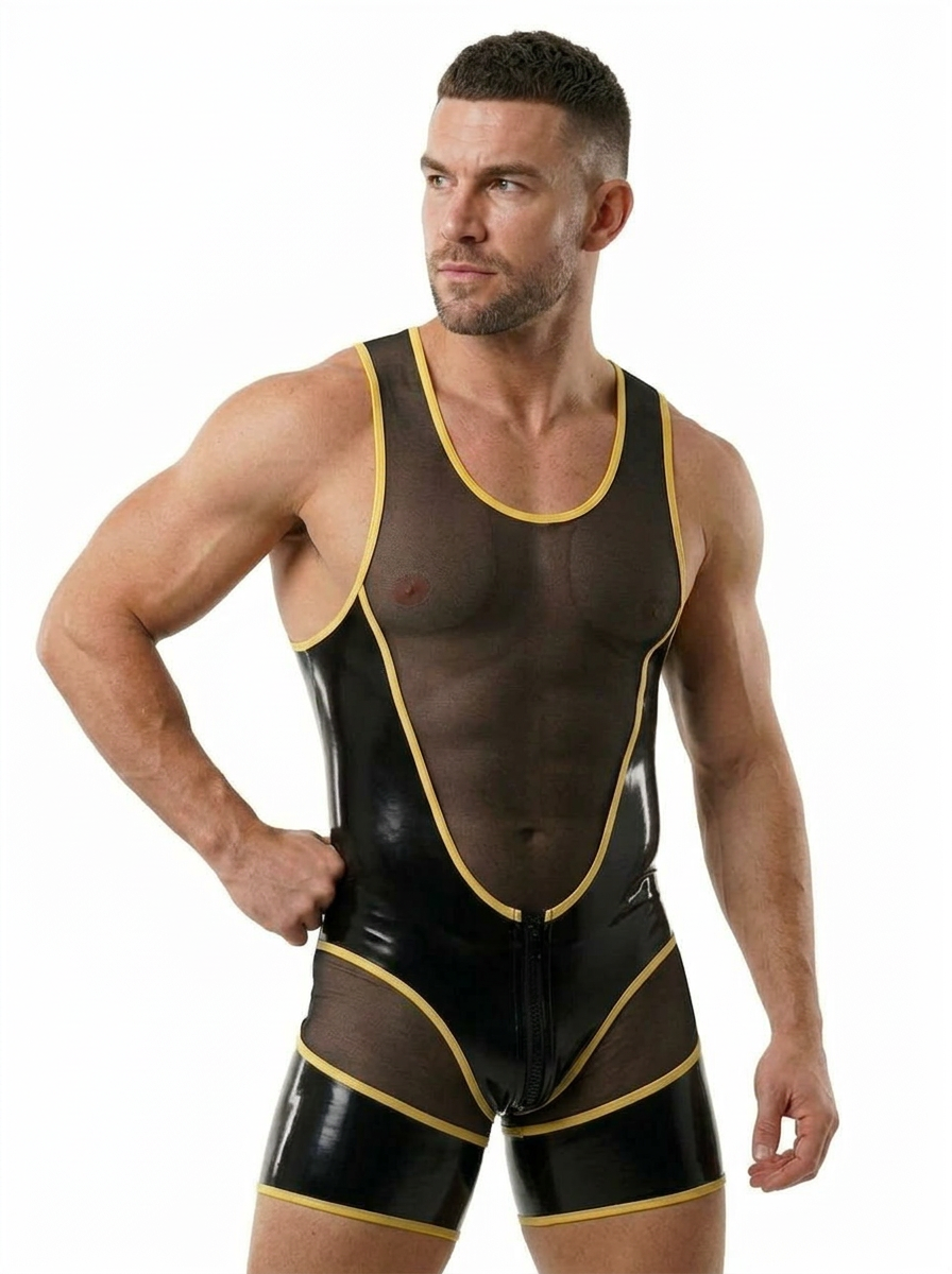 Joylgbt Men’s "Circuit-Mesh" Dual-Zip Bodysuit – High-Shine Black & Neon Yellow	