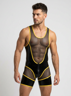 Joylgbt Men’s "Circuit-Mesh" Dual-Zip Bodysuit – High-Shine Black & Neon Yellow	