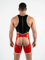 Joyglove Sexy PU Leather Singlet for Men – Contrast Red & Black with Exposed Back