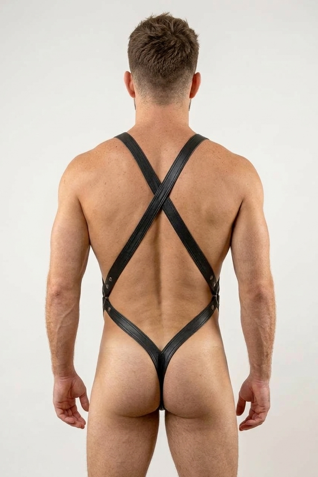 Joyglove Black PU Leather Harness Thong – Minimalist Bold Men's Lingerie