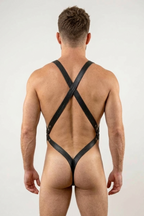 Joyglove Black PU Leather Harness Thong – Minimalist Bold Men's Lingerie