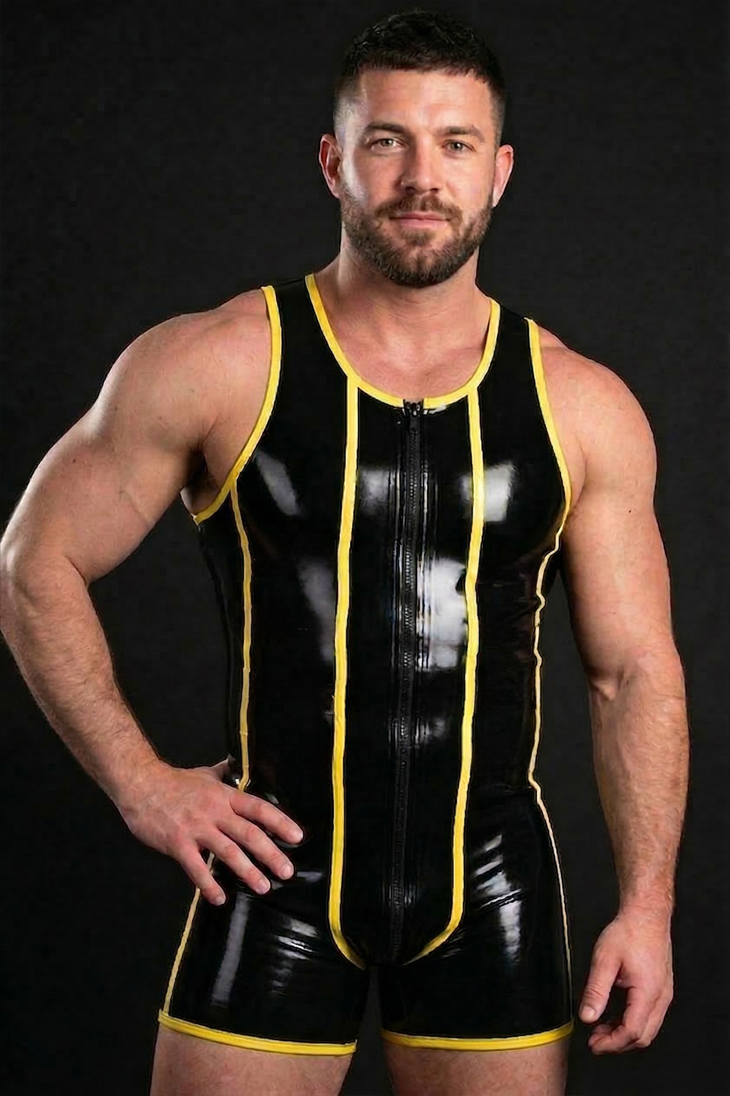 Joylgbt Men's Black & Yellow Color Block Glossy Patent Leather Zipper Slim Fit Bodysuit Shorts	