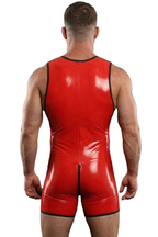 Joylgbt PU shiny leather+ Shiny Red Men’s Zipper Bodysuit	