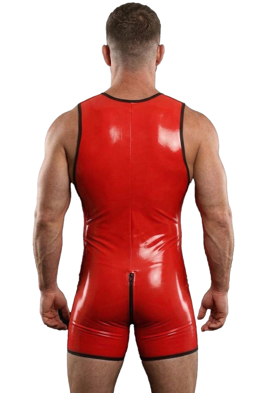  Joylgbt PU shiny leather+ Shiny Red Men’s Zipper Bodysuit	
