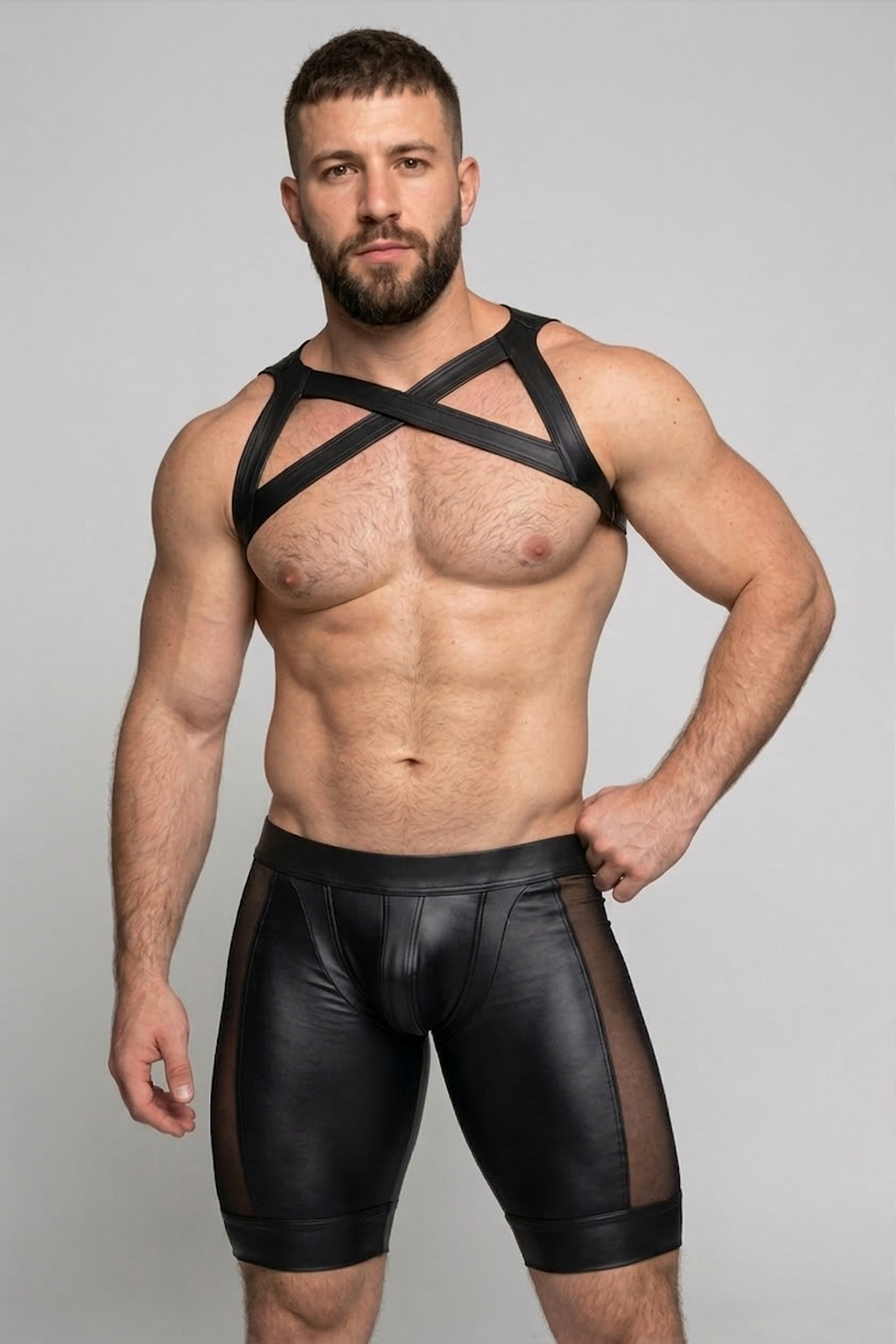 Joyglove Men's PU Leather Harness Set with Mesh Panel Shorts Bold Clubwear Outfit