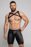 Joyglove Men's PU Leather Harness Set with Mesh Panel Shorts Bold Clubwear Outfit