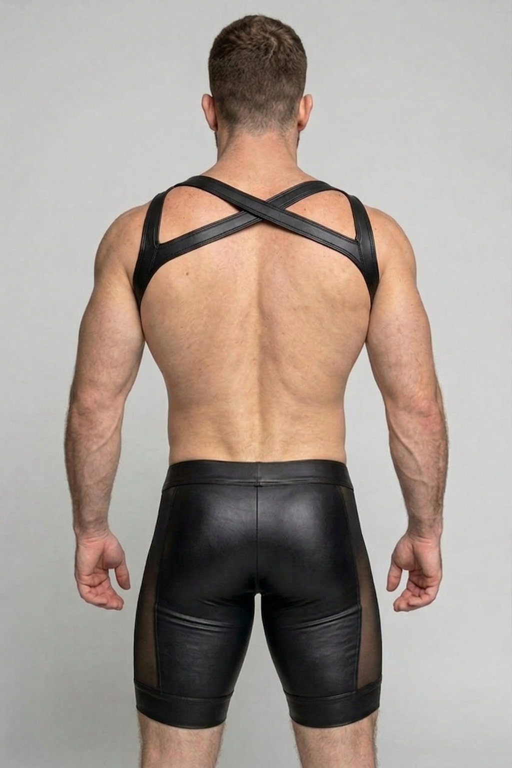 Joyglove Men's PU Leather Harness Set with Mesh Panel Shorts Bold Clubwear Outfit