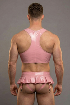 Joyglove Men's PU Leather Crop Top & Pleated Skirt Thong Set Sexy Clubwear Outfit