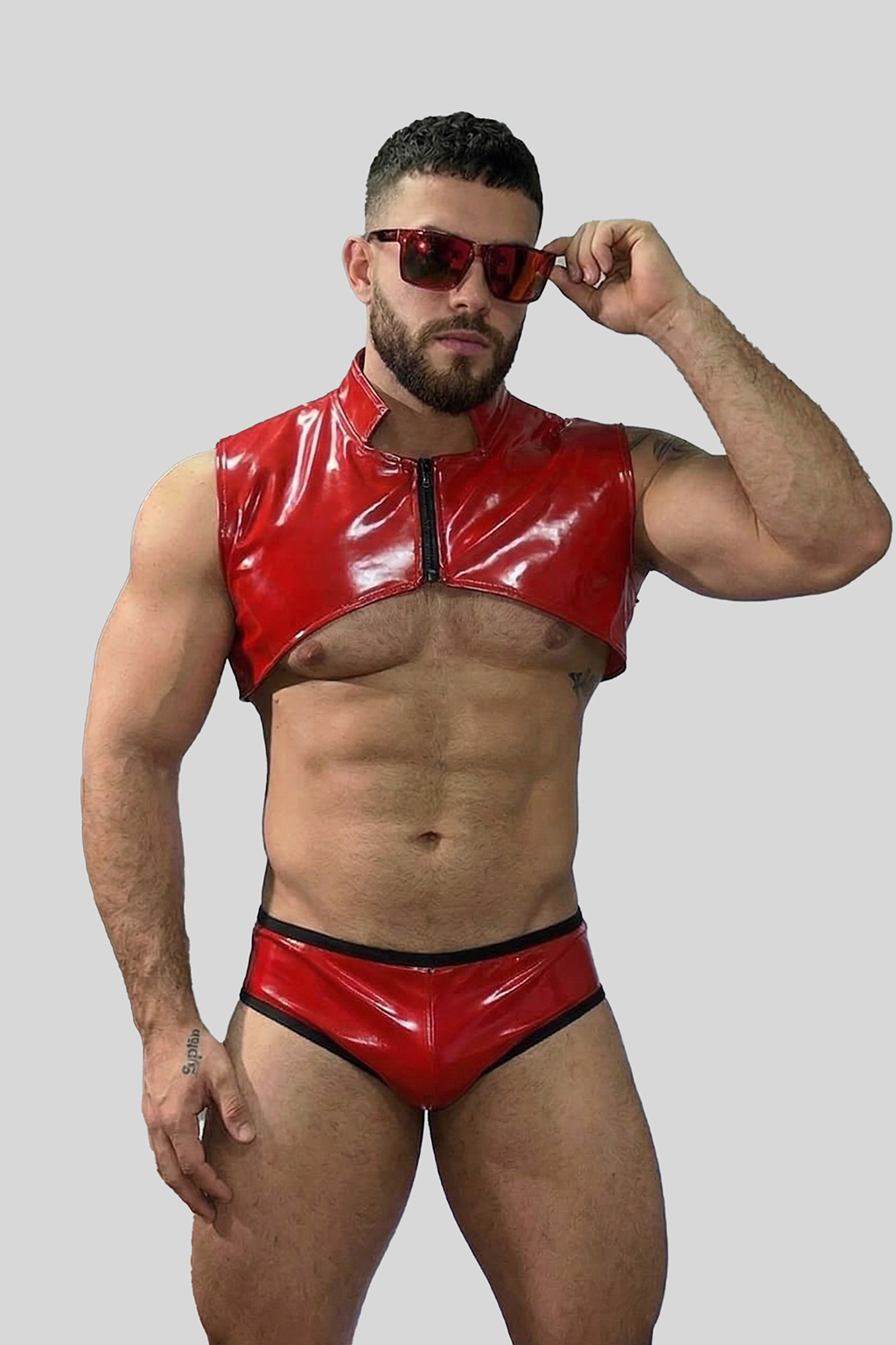 Joyglove Red PU Leather Zip-Up Crop Top and Brief Set