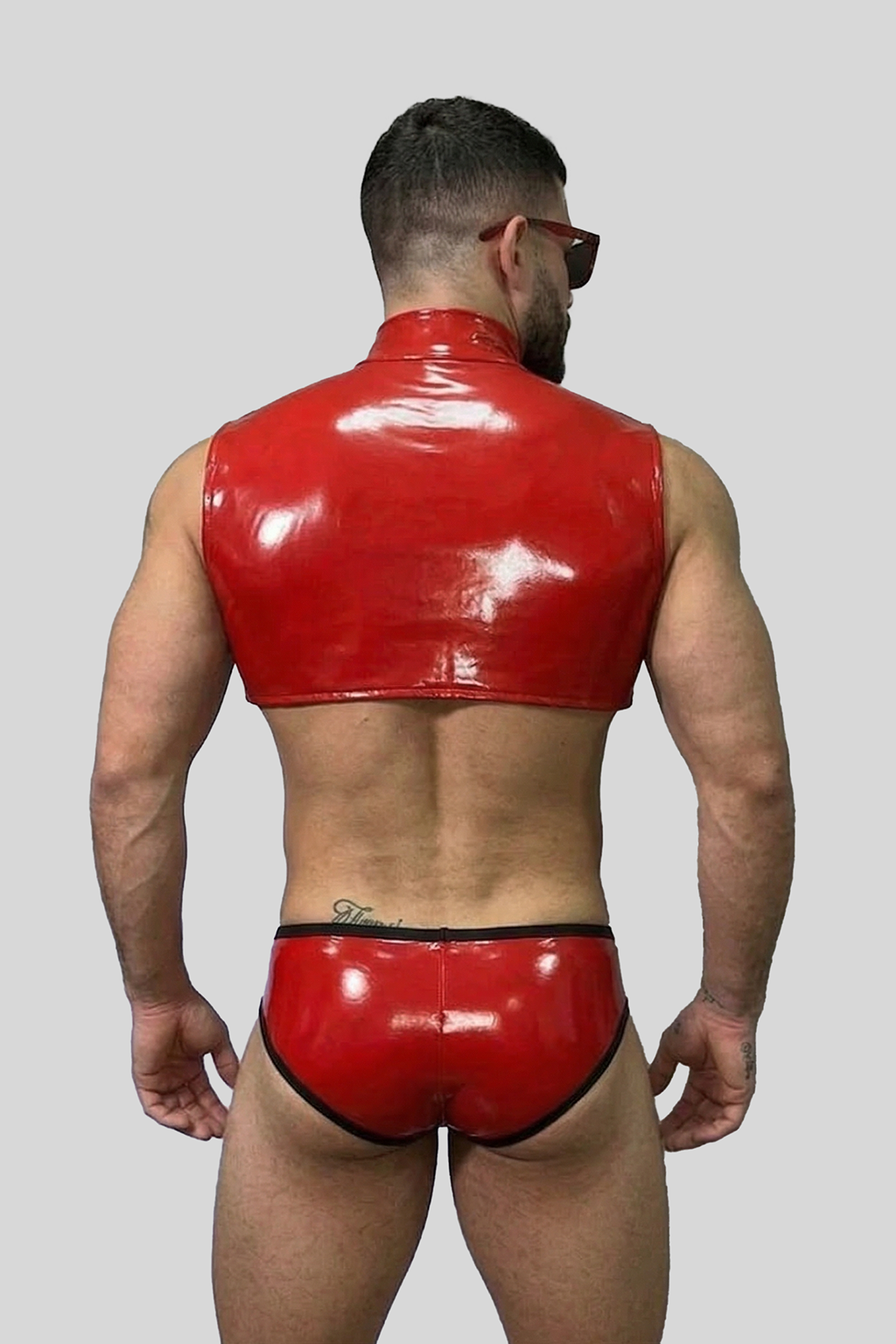 Joyglove Red PU Leather Zip-Up Crop Top and Brief Set