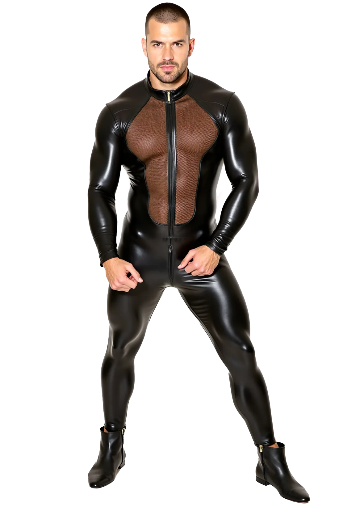 Joyglove Men's Black Leather-Look Zip Bodysuit with Mesh Back Detail